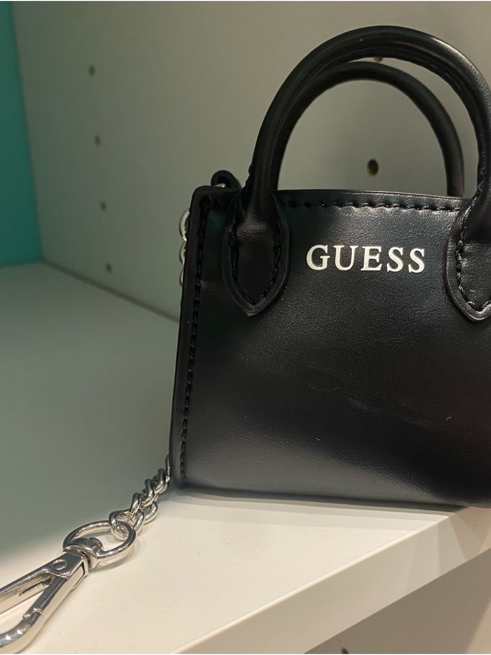 Guess Black Mini Tote Keyring with Silver Hardware